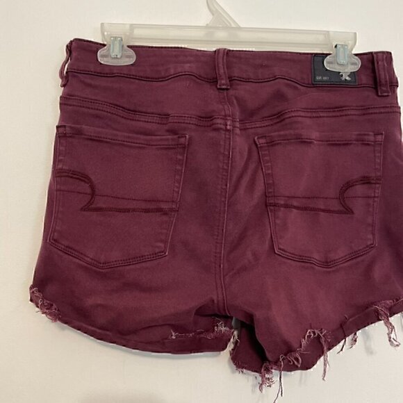 AMERICAN EAGLE Super Stretch Hi-Rise Shortie Burgundy Maroon Red Raw Hem Shorts - Picture 14 of 15